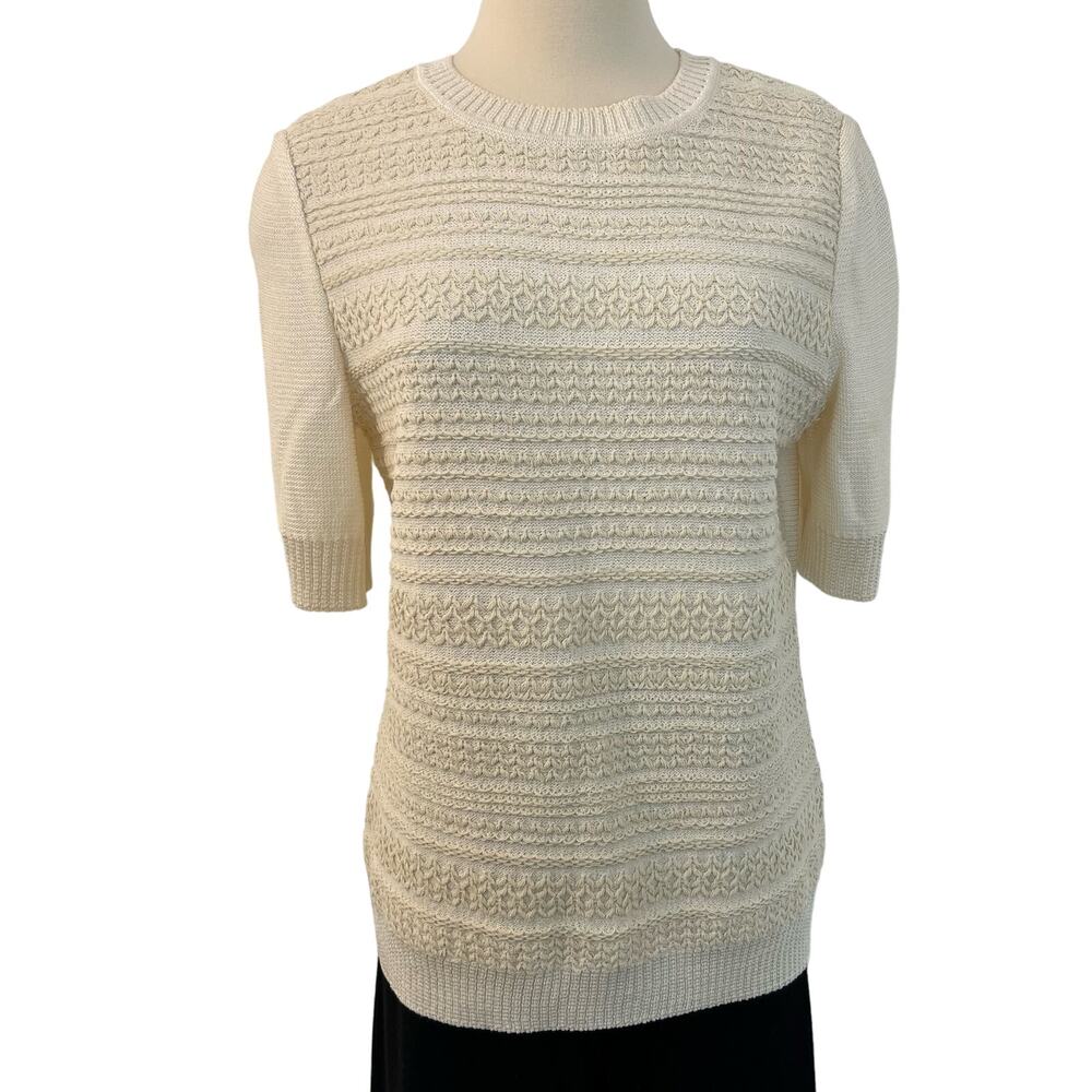 St. John Knit Top Short Sleeve Cream Textured Front | Size Medium